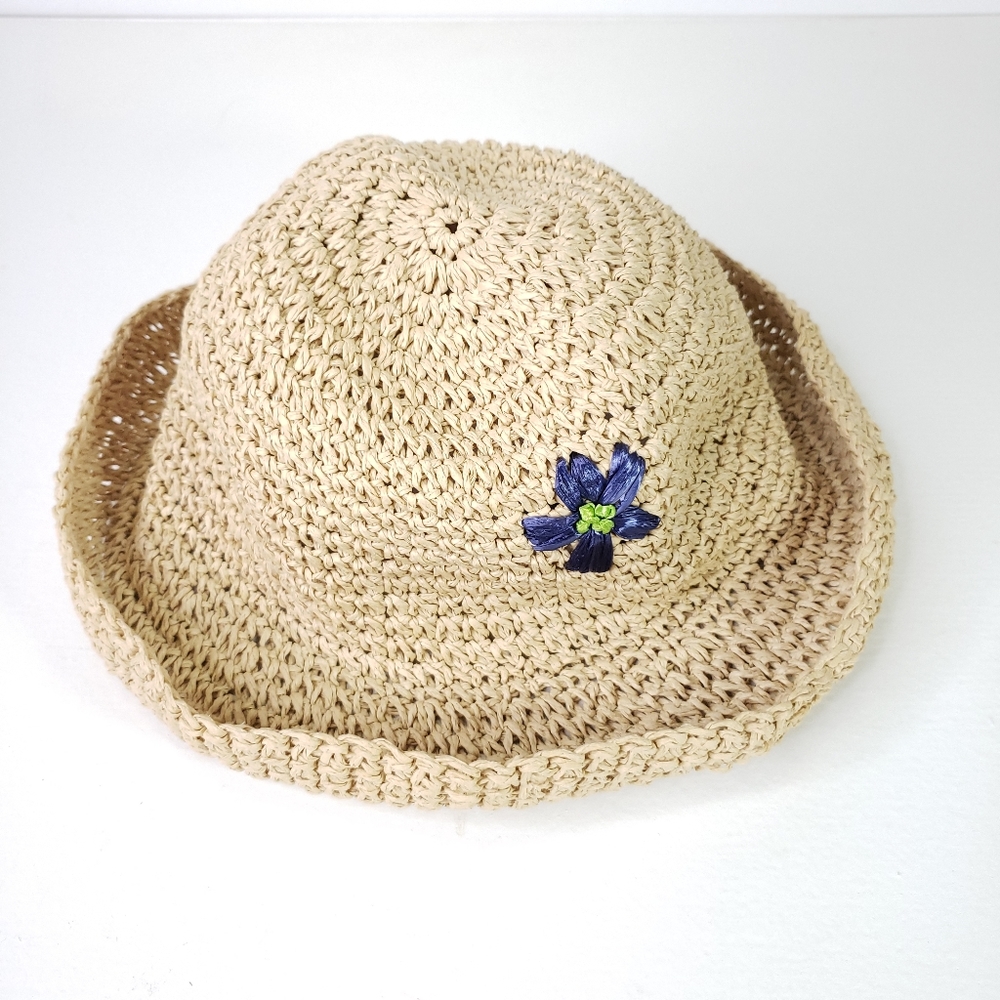 Bass Tan Crochet Hat with Blue Flower